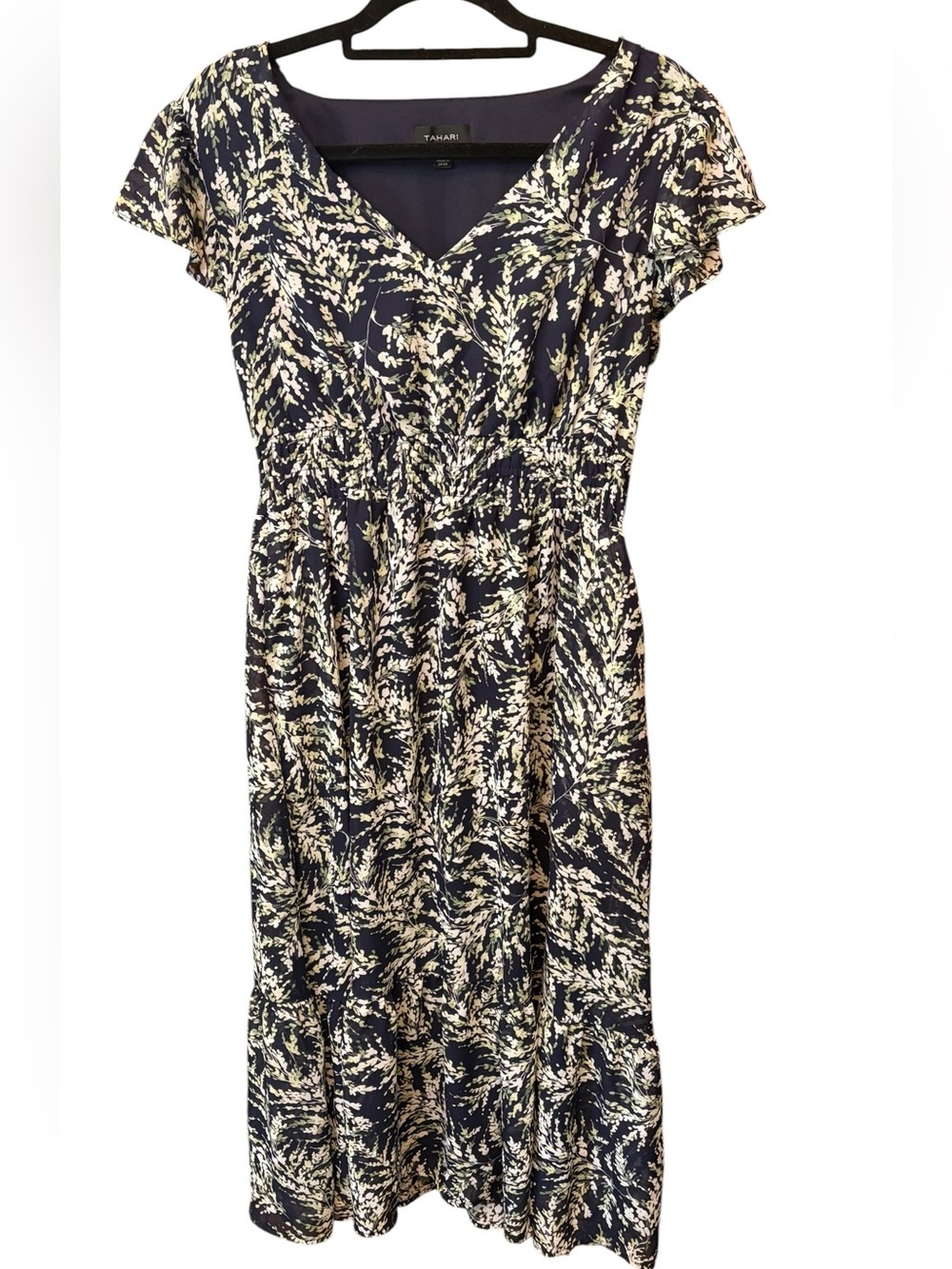 Tahari ASL Navy Floral Flutter Sleeve Smocked Waist Midi Dress Size Large